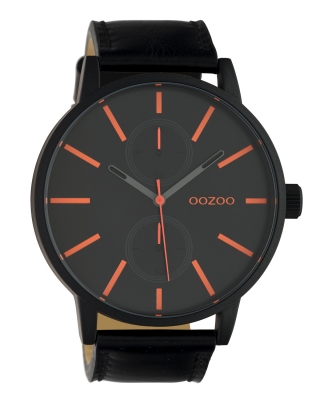 Oozoo Herrenuhr Chrono Look mit Lederband 50 MM Black / Schwarz / Orange C10504