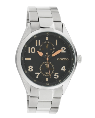 Oozoo Unisex Armbanduhr Chrono Look mit Edelstahl Gliederarmband 42 MM Silberfarben / Schwarz C10634