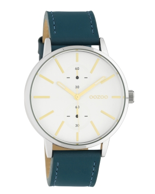 Oozoo Unisex Armbanduhr Chrono Look mit Lederband 42 MM Silberfarben / Blaugrün C10587