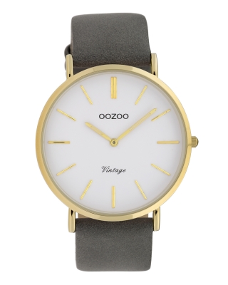 Oozoo Vintage Damenuhr mit Lederband Flach 40 MM Weiß / Grau C20079