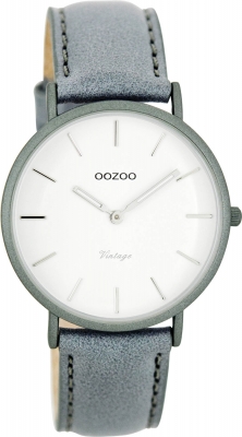 Oozoo Vintage Ultra Slim Damenuhr mit Lederband 36 MM Grau / Weiß / Graublau C7748