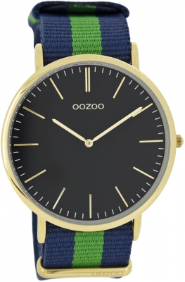 Oozoo Vintage Armbanduhr mit Natoband Textilband 44 MM Goldfarben / Schwarz / Blau Grün C6923