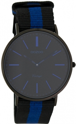 Oozoo Vintage Armbanduhr mit Natoband Textilband Stoffband 44 MM Schwarz / Blau C7303